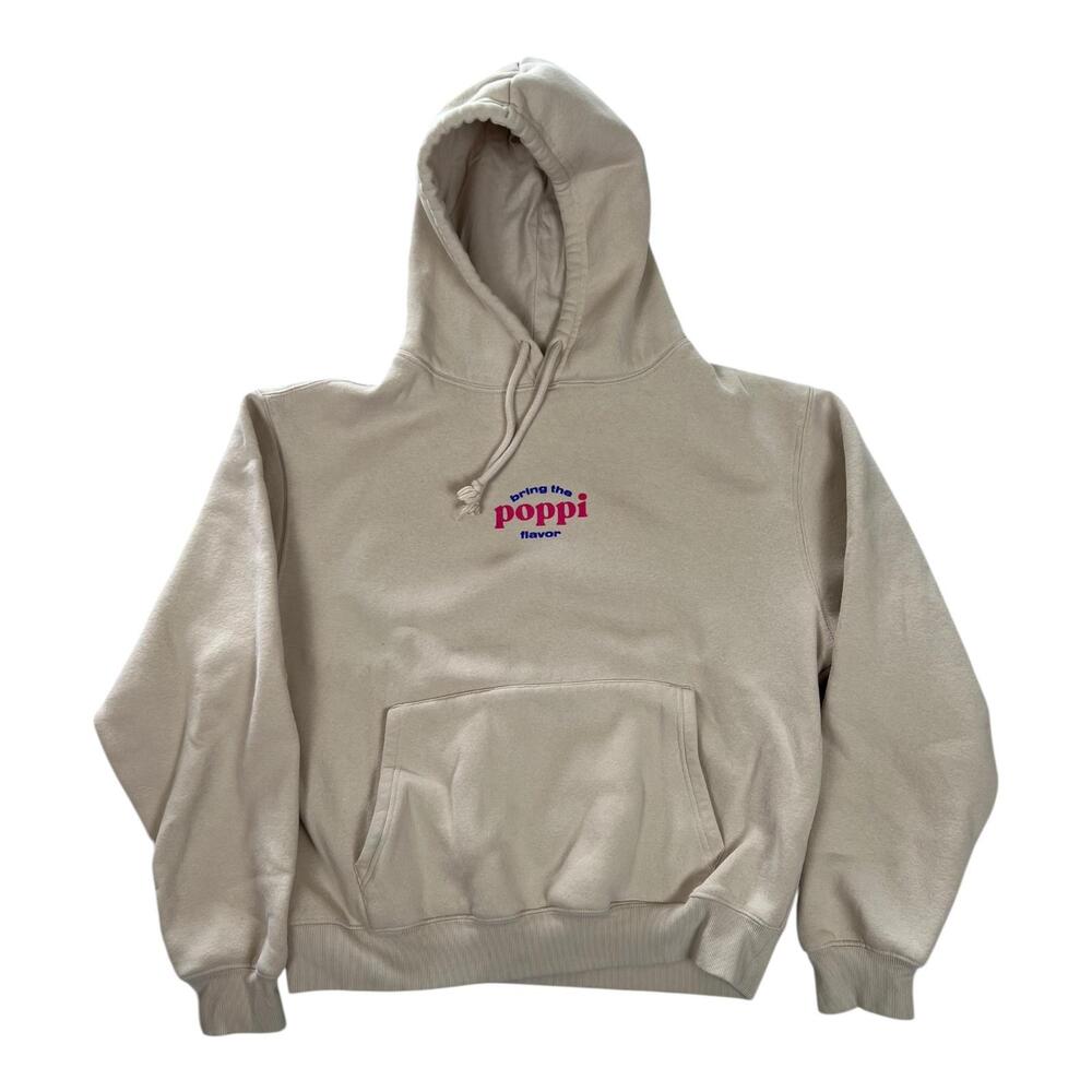 Poppi Hoodie Mens Large Beige Fleece Pullover Sweatshirt Wanna Get Juicy Graphic